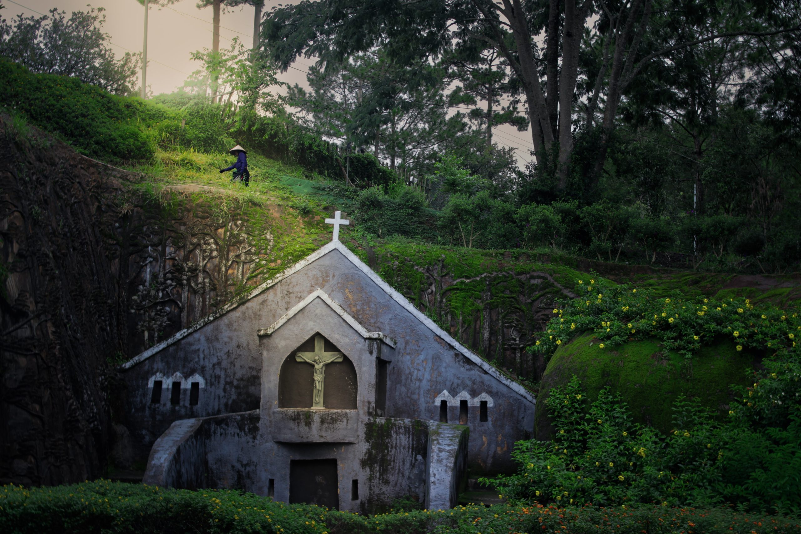 woman-walks-behind-church